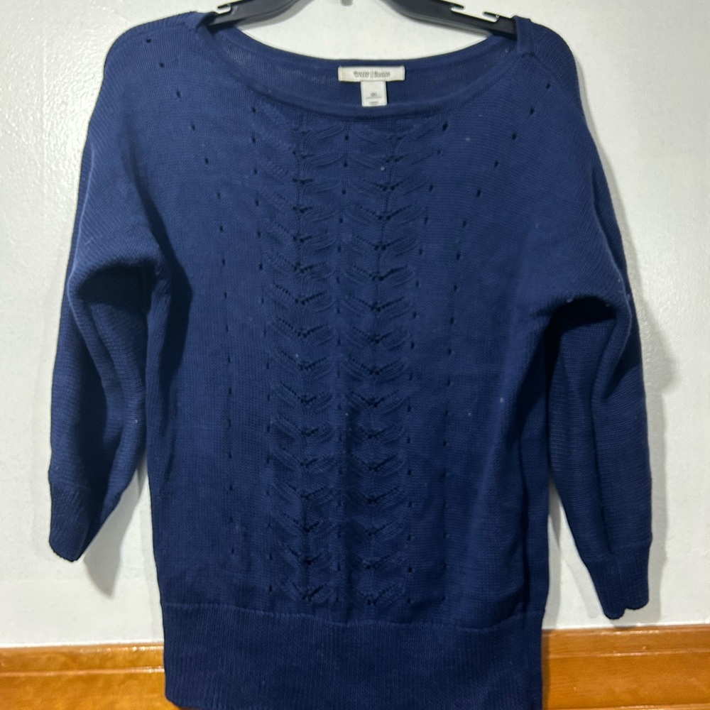 White House Black Market Navy Scoop Neck Eyelet Cable Sweater